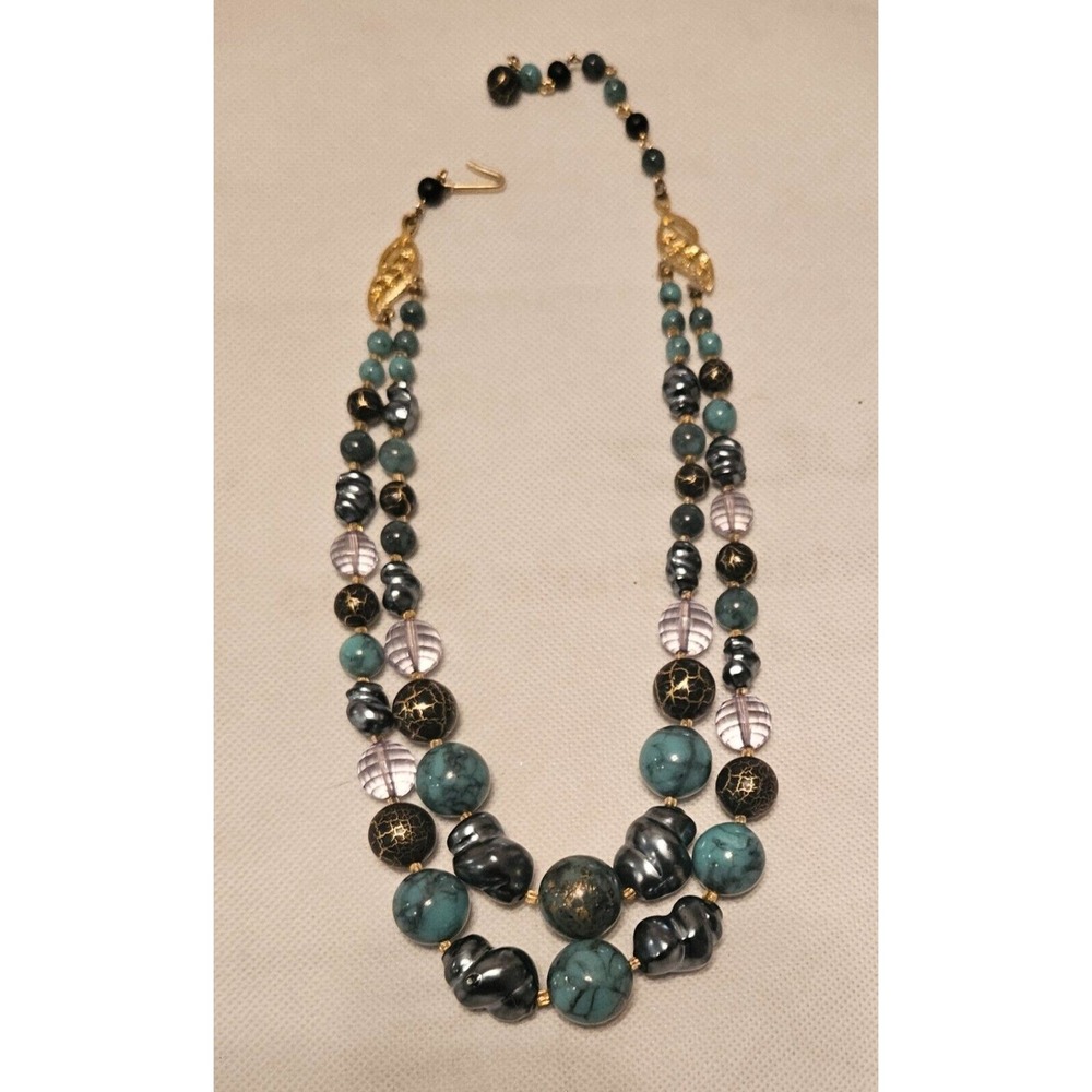 Japan‎ Vintage Beaded Necklace Two Strand Turquoise Gold Accent Fashion Jewelry